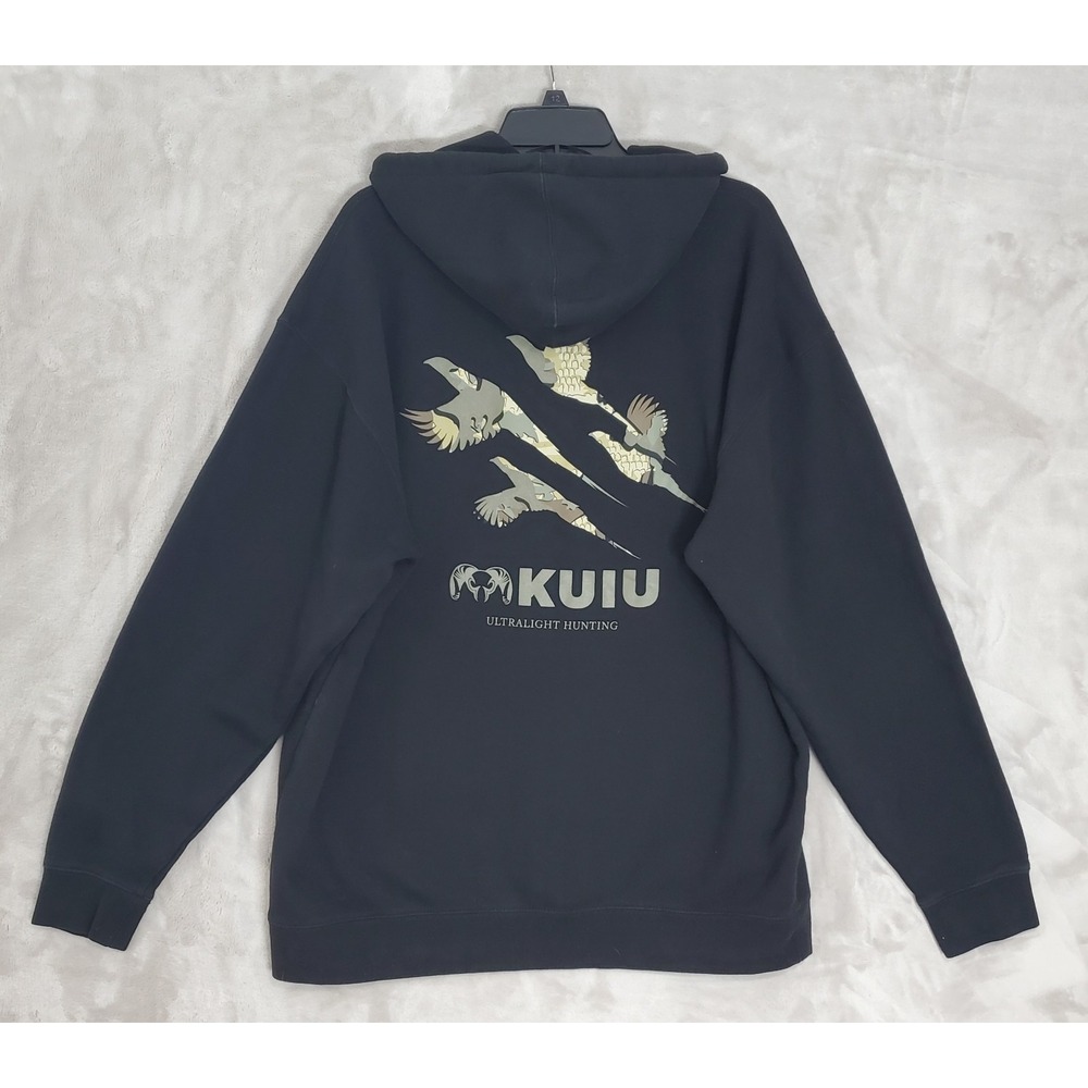 KUIU Hoodie Mens XL Black Fleece Pullover Camoflauge Birds Graphic Sweatshirt